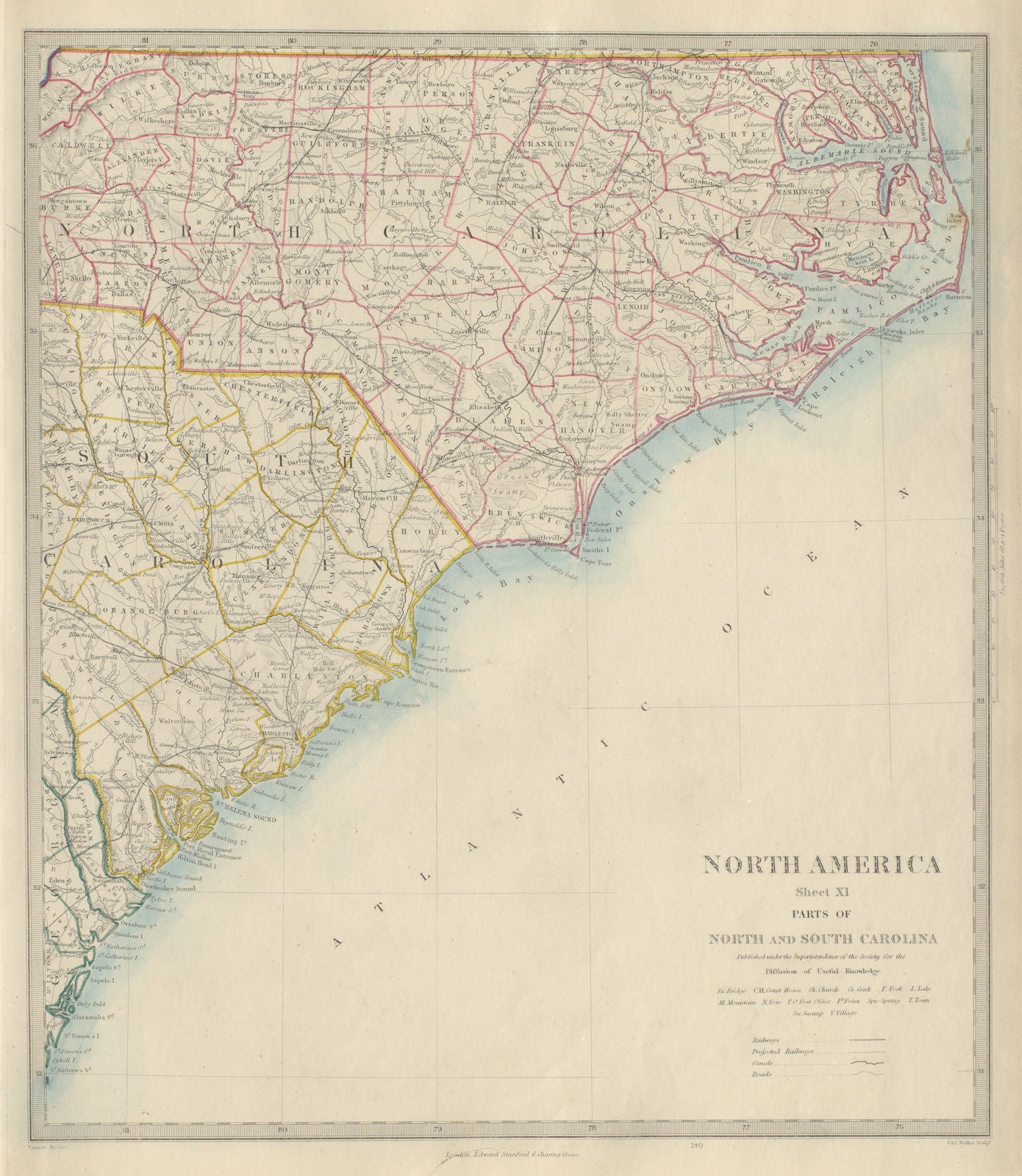 NORTH & SOUTH CAROLINA COAST Charleston Cape Hatteras Fear Lookout SDUK 1874 map